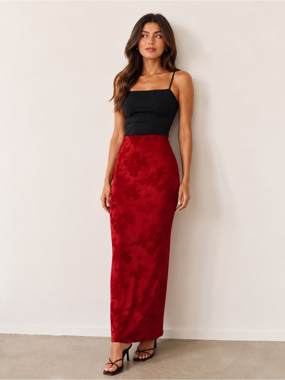 AFRM • NWT Elegant Red Floral Jacquard Maxi Skirt W14-18”